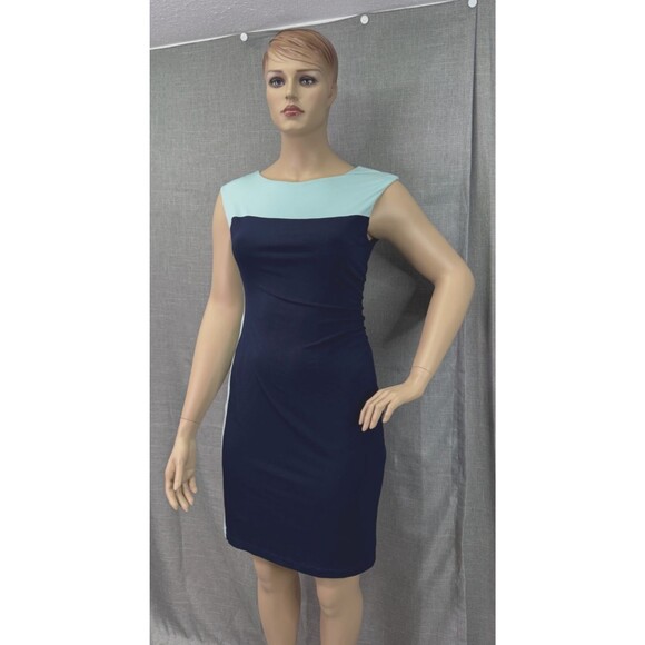 Connected Apparel Bodycon Navy Teal Colorblock Knee Length Dress Women's Size 14 - Picture 3 of 11